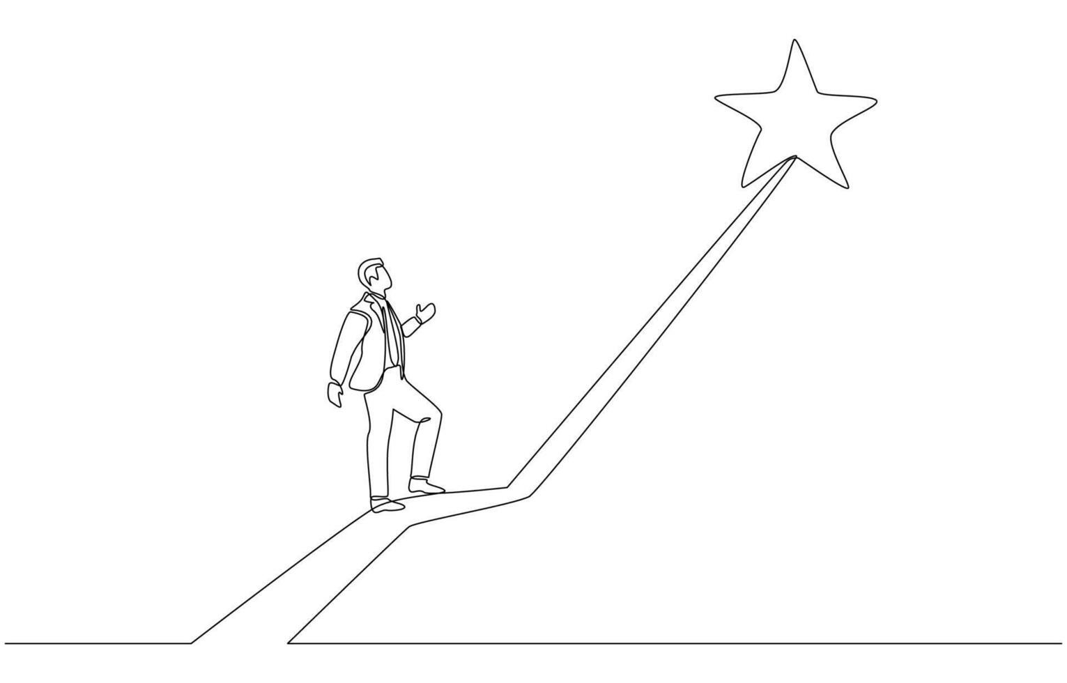 Continuous one line drawing of businessman walking the path to star, career path achievement, job success concept, single line art vector