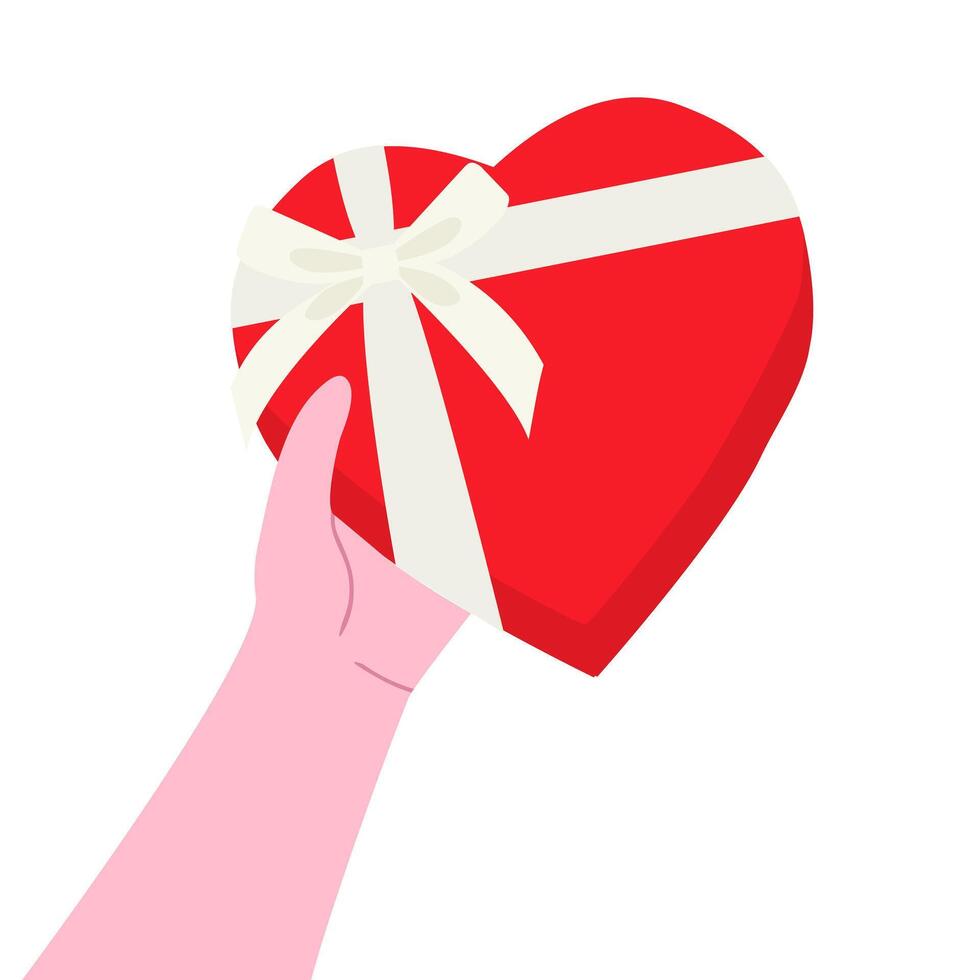 Hand holding red heart shaped gift box with white ribbon and bow vector