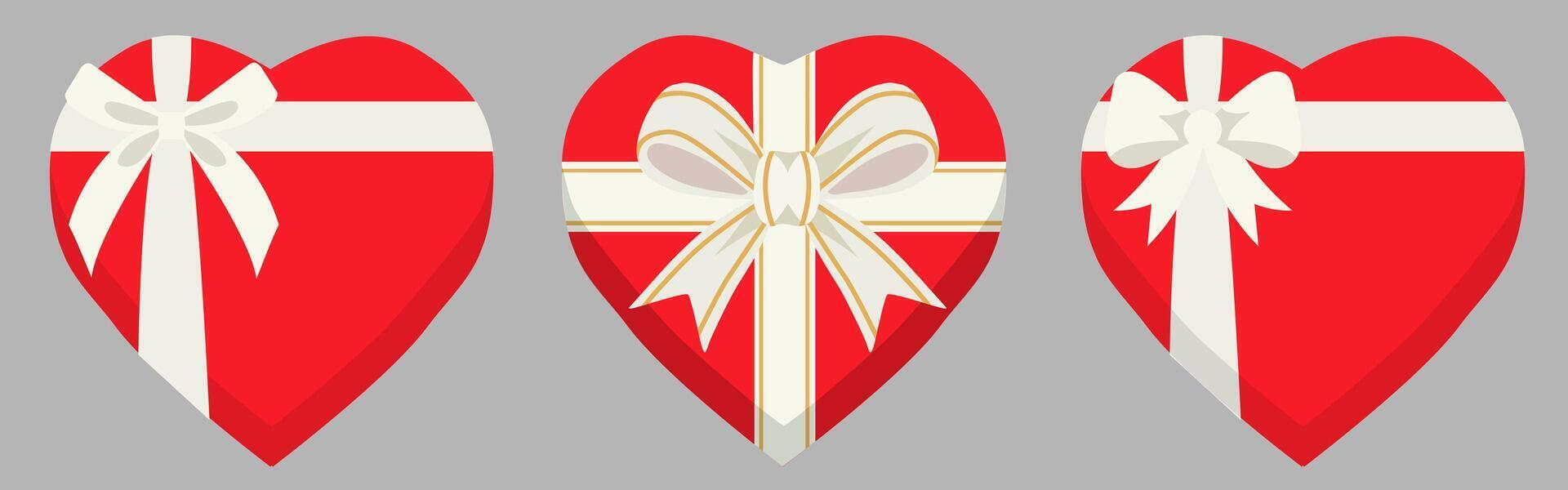 Set holiday gift heart shaped boxes of red colors with white ribbons and bows vector