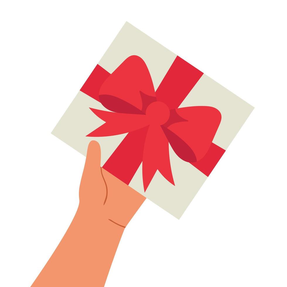 Hand holding white gift box with red ribbon and bow vector