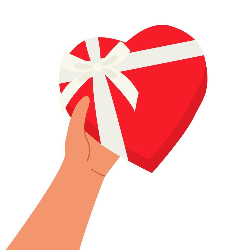 Hand holding red heart shaped gift box with white ribbon and bow vector
