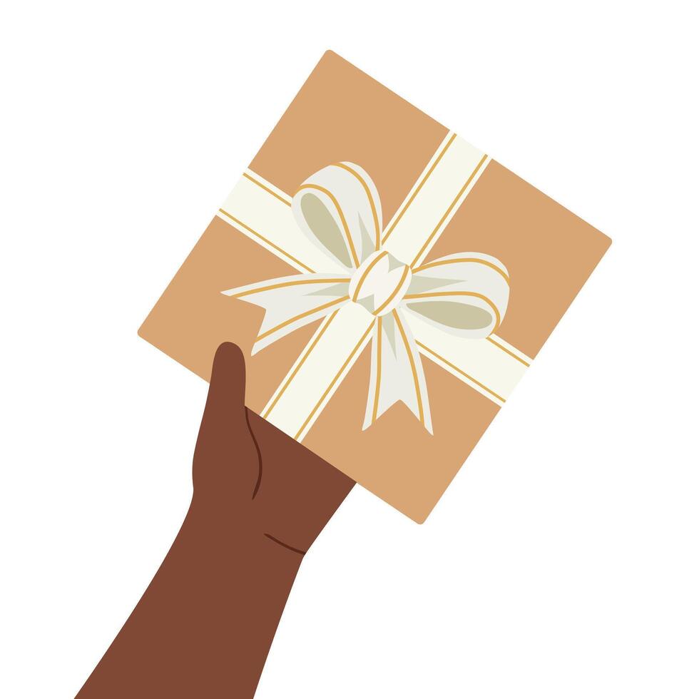Hand holding gift box with white with gold ribbon and bow vector