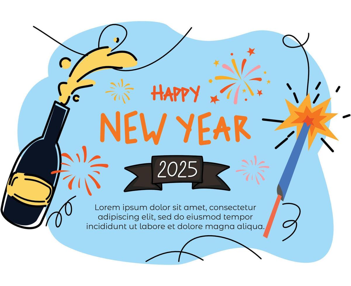 hand draw new year 2025 greeting background or new year doodle with firework illustration vector