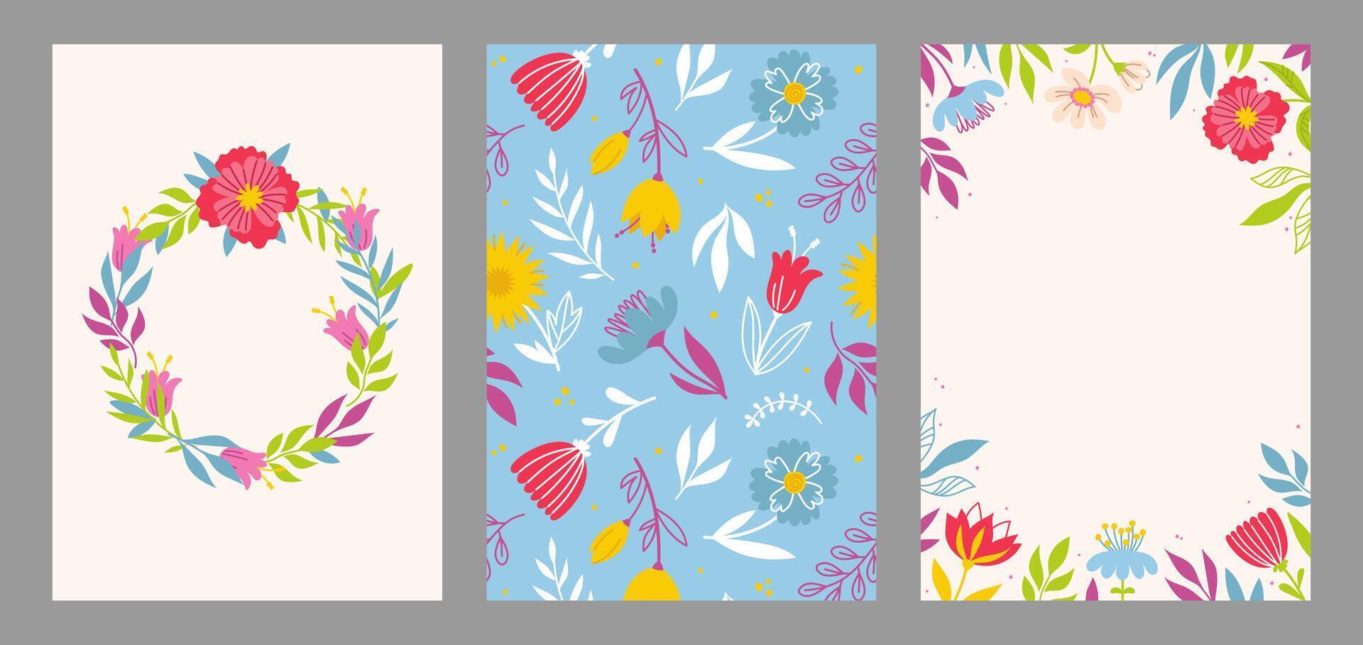 Set of floral templates with hand drawn different flowers. Floral wreath. background, frame. Design for invitation, postcard, poster, business card, flyer vector