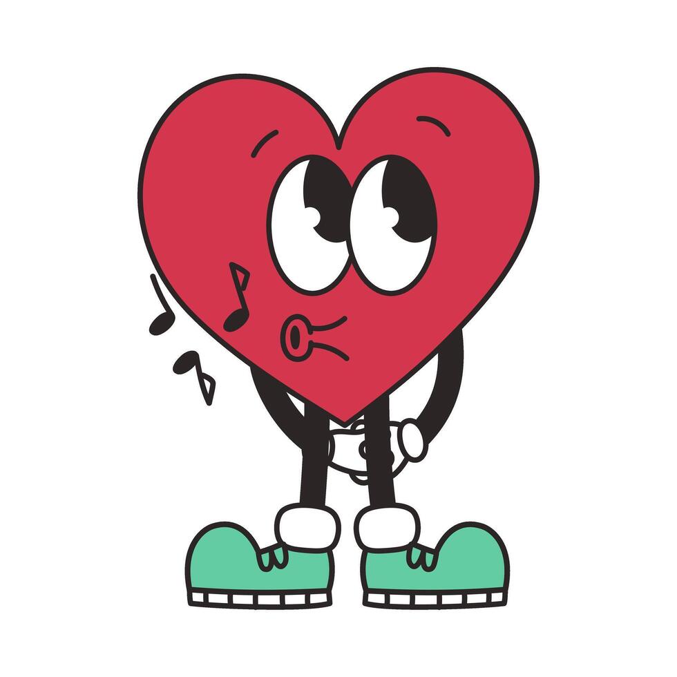Groovy lovely heart. Cheerful happy heart character whistling a melody in a trendy retro style. vector