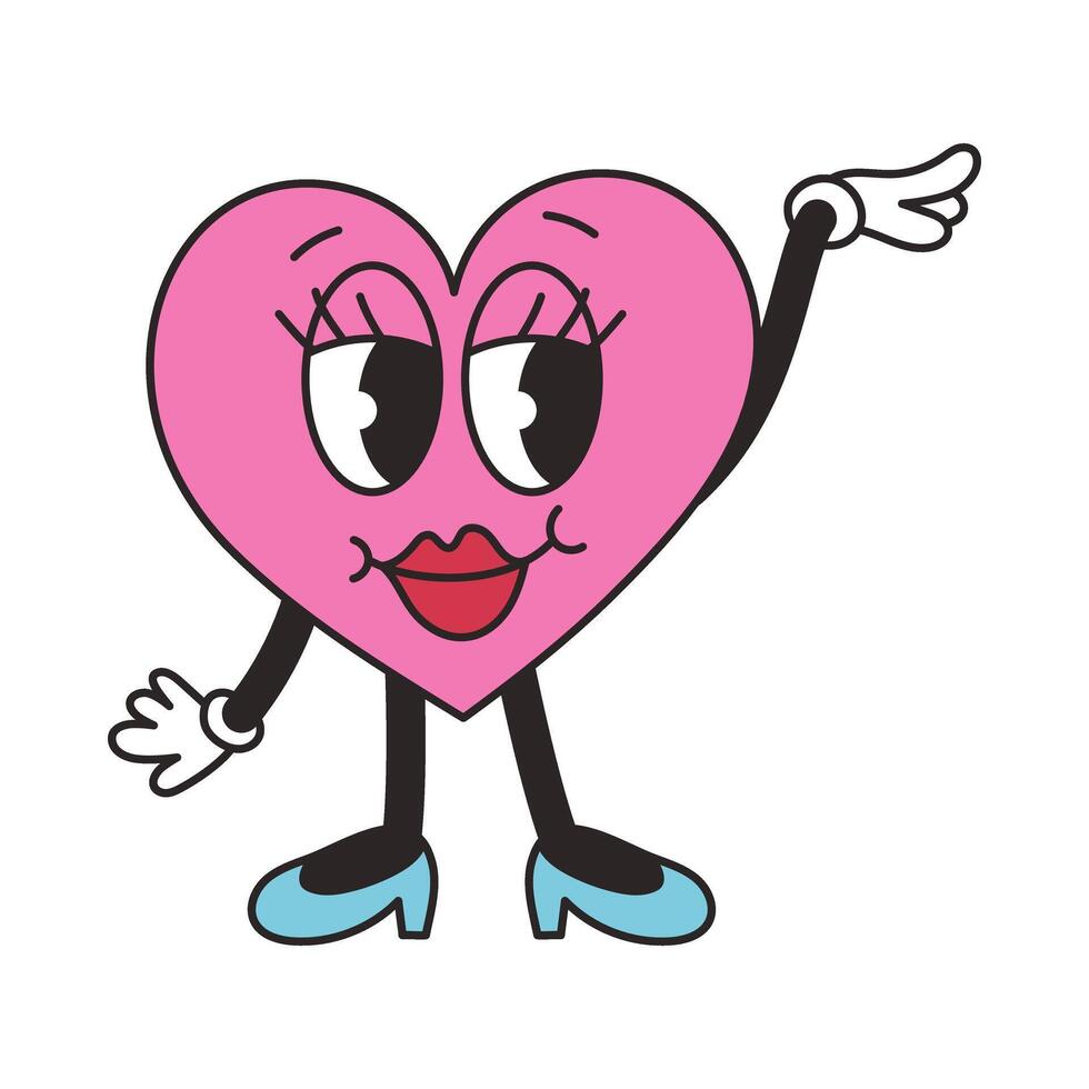 Groovy lovely girl heart. Cheerful happy heart character in trendy retro style. vector
