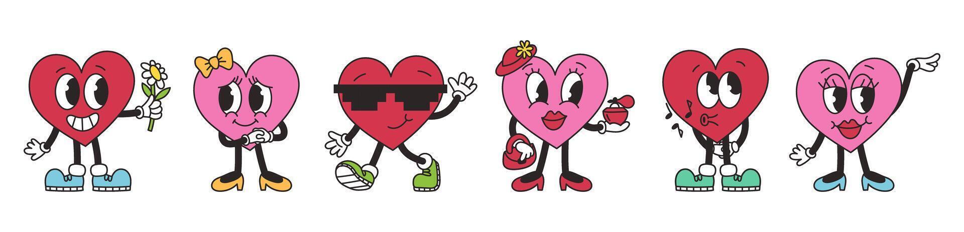 Groovy lovely hearts set. Love concept. Happy Valentines Day. Cheerful happy heart character in trendy retro style. vector