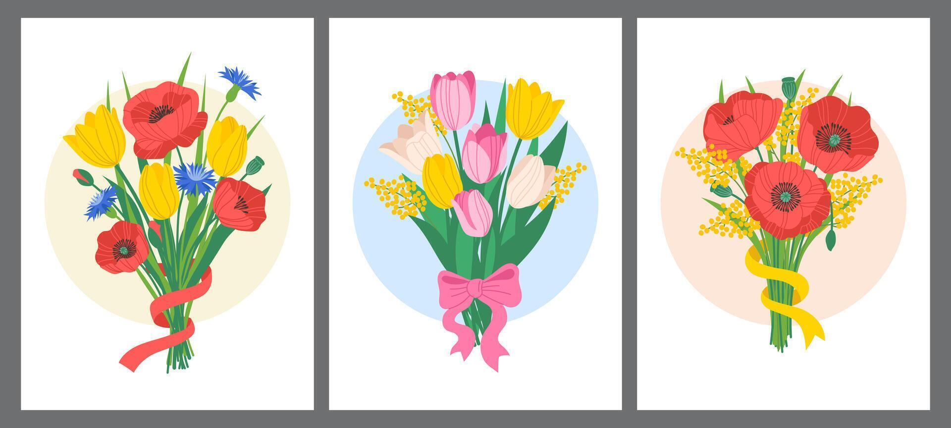 Set of floral backgrounds with hand drawn bouquets. Red poppy, tulip, mimosa, cornflowers with ribbons and bow. Design templates for invitation, card, poster, flyer vector