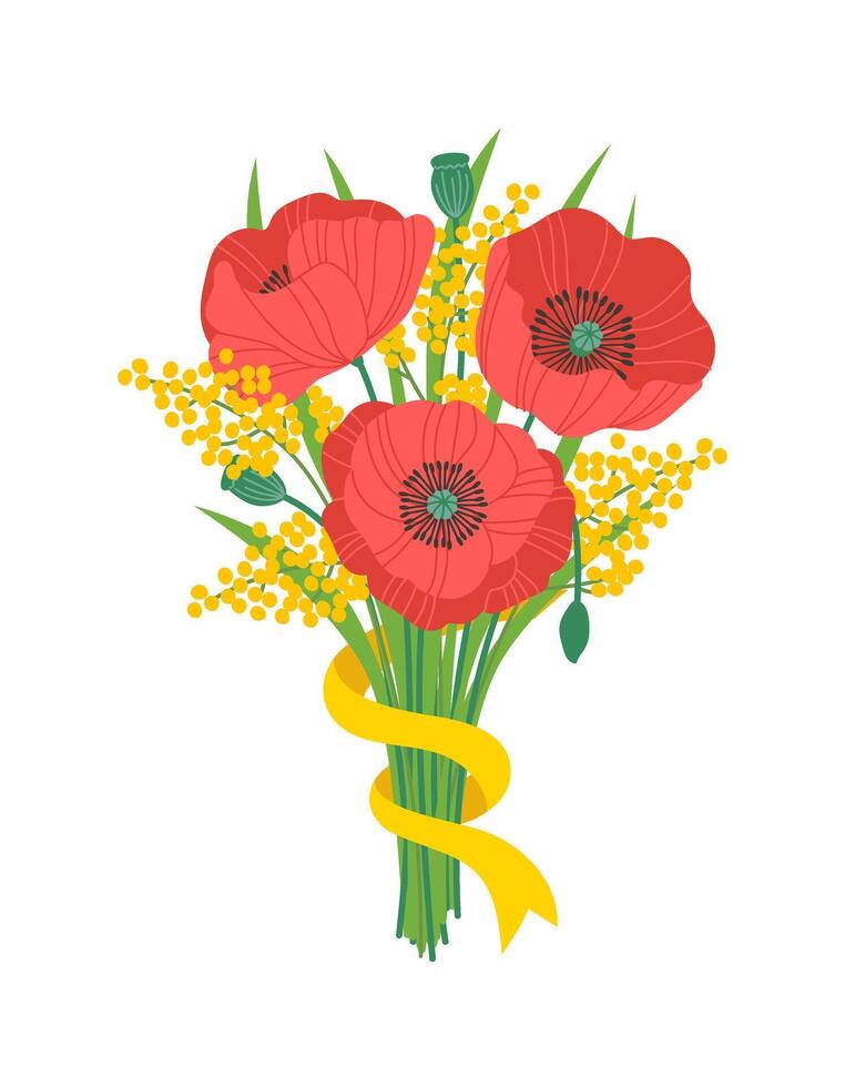 Spring flowers bouquet. Illustration of a bouquet of poppies, mimosa. Floral bouquet with ribbon. Gift for a special day, birthday, Valentines day, womens day vector