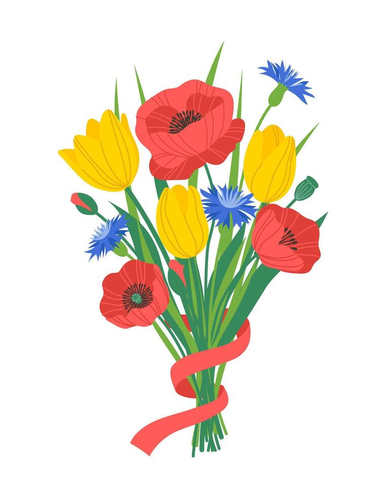 Spring flowers bouquet. Illustration of bouquet of poppies, tulips. Flower bouquet with ribbon. Gift for special day, birthday, valentines day, womens day vector