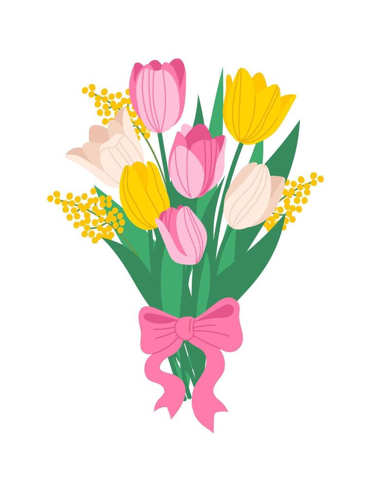 Spring flowers bouquet. Illustration of tulip bouquet, mimosa. Floral bouquet with bow. Gift for special day, birthday, valentines day, womens day vector