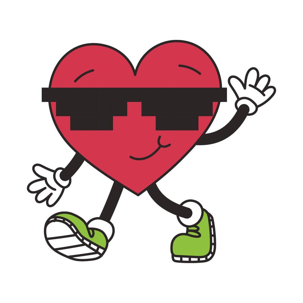 Groovy lovely heart. Cheerful happy heart character in pixel sunglasses in trendy retro style. vector