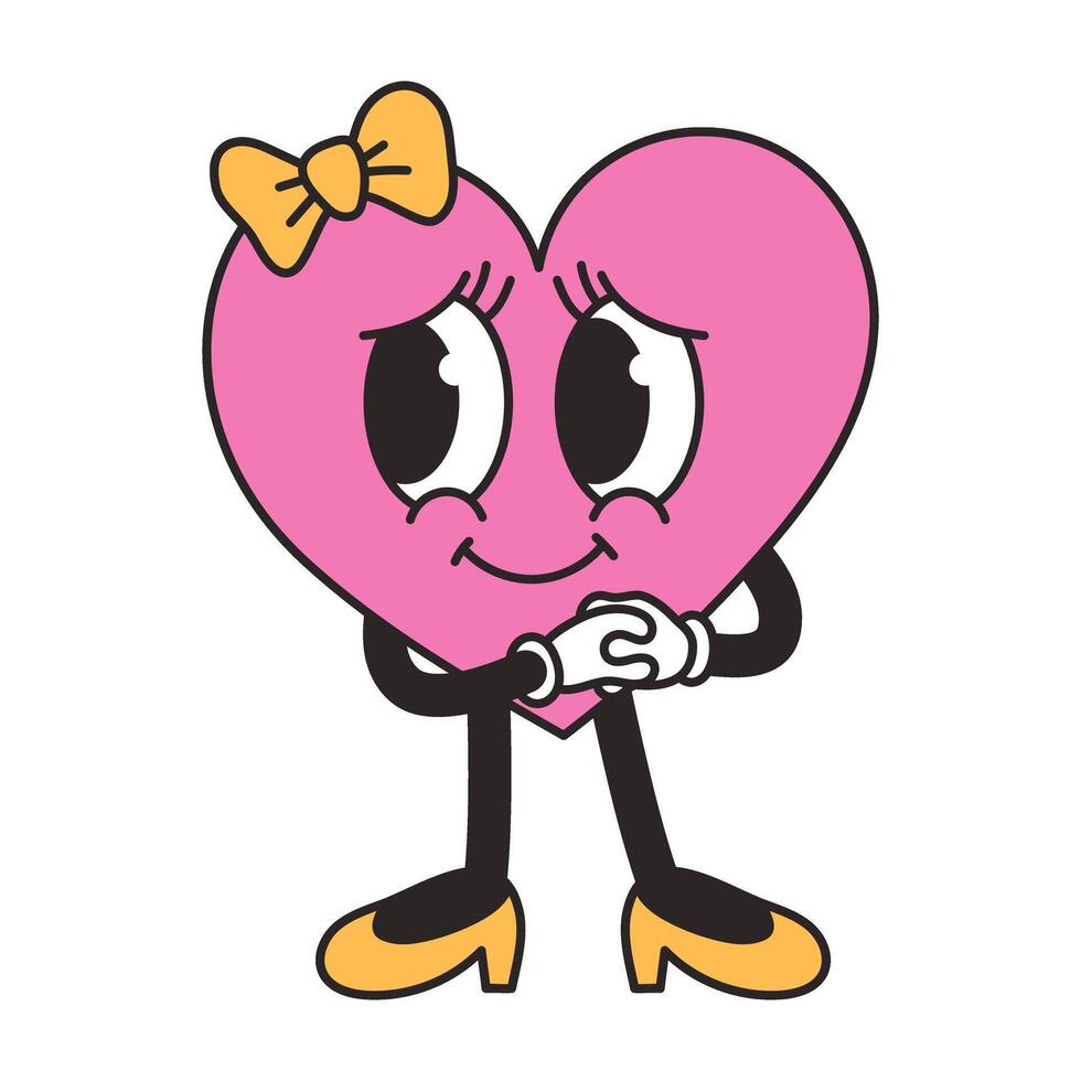 Groovy lovely girl heart. Cheerful happy heart character with bow in trendy retro style. vector