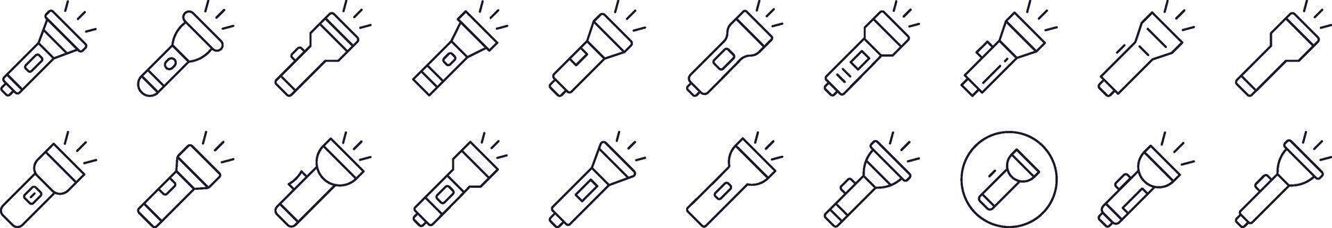 Set of Line Icons of Flashlight. Editable Stroke. Minimalistic Linear Pictogram for Design of Cards, Apps, Banners, Posts vector