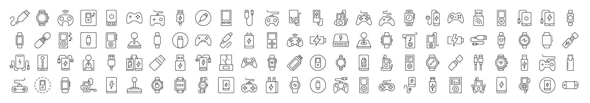 Joystick, Gamepad, Charger, Watch, Flash Card, USB Thin Icons Collection. Editable Stroke. Suitable for Web Sites, Books, Cards, Apps vector