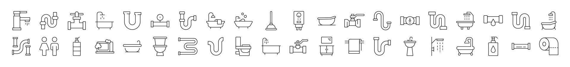Plumbing, Faucet, Bathroom Pack of Thin Icons. Editable Stroke. Suitable for Web Sites, Books, Cards, Apps vector