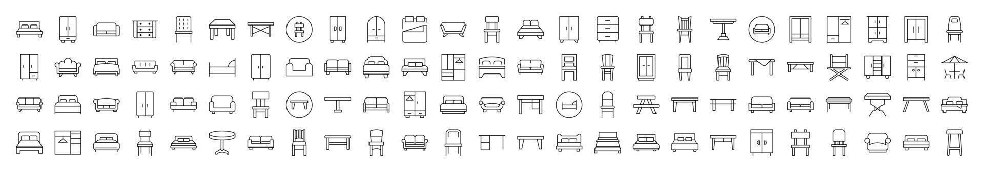 Set of Line Icons of Couch, Sofa, Table, Chair. Editable Stroke. Minimalistic Linear Pictogram for Design of Cards, Apps, Banners, Posts vector