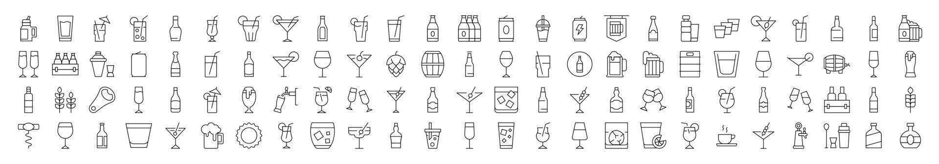 Soft Drinks and Alcohol Icon Set. Contains Icons of Beer, Cocktail, Bottle that Can Be Used for Design of Cards, Posts, Apps, Web Sites vector