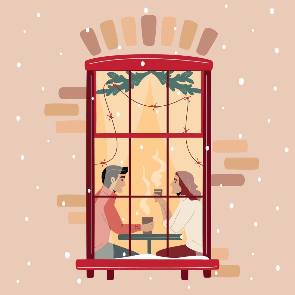 Christmas window, young couple drinking tea and talking with each other, sitting by a window decorated with lights and fir branches. Snowfall, Christmas atmosphere. Cozy winter evening vector