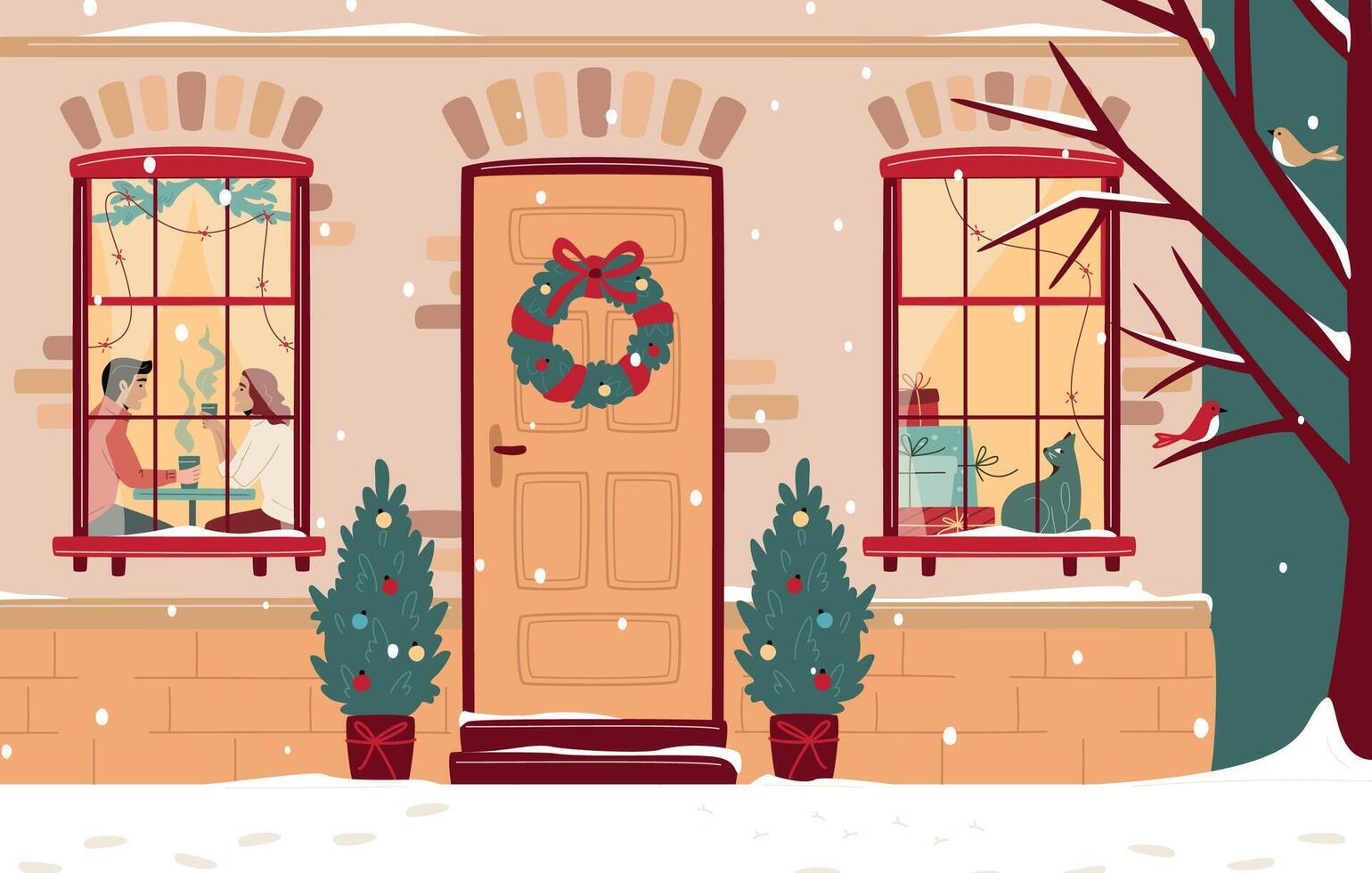 Cute Christmas door with two windows decorated with lights and fir branches, with pile of gift boxes, cat and couple drinking coffee. Snowfall, Christmas atmosphere. Cozy winter evening vector