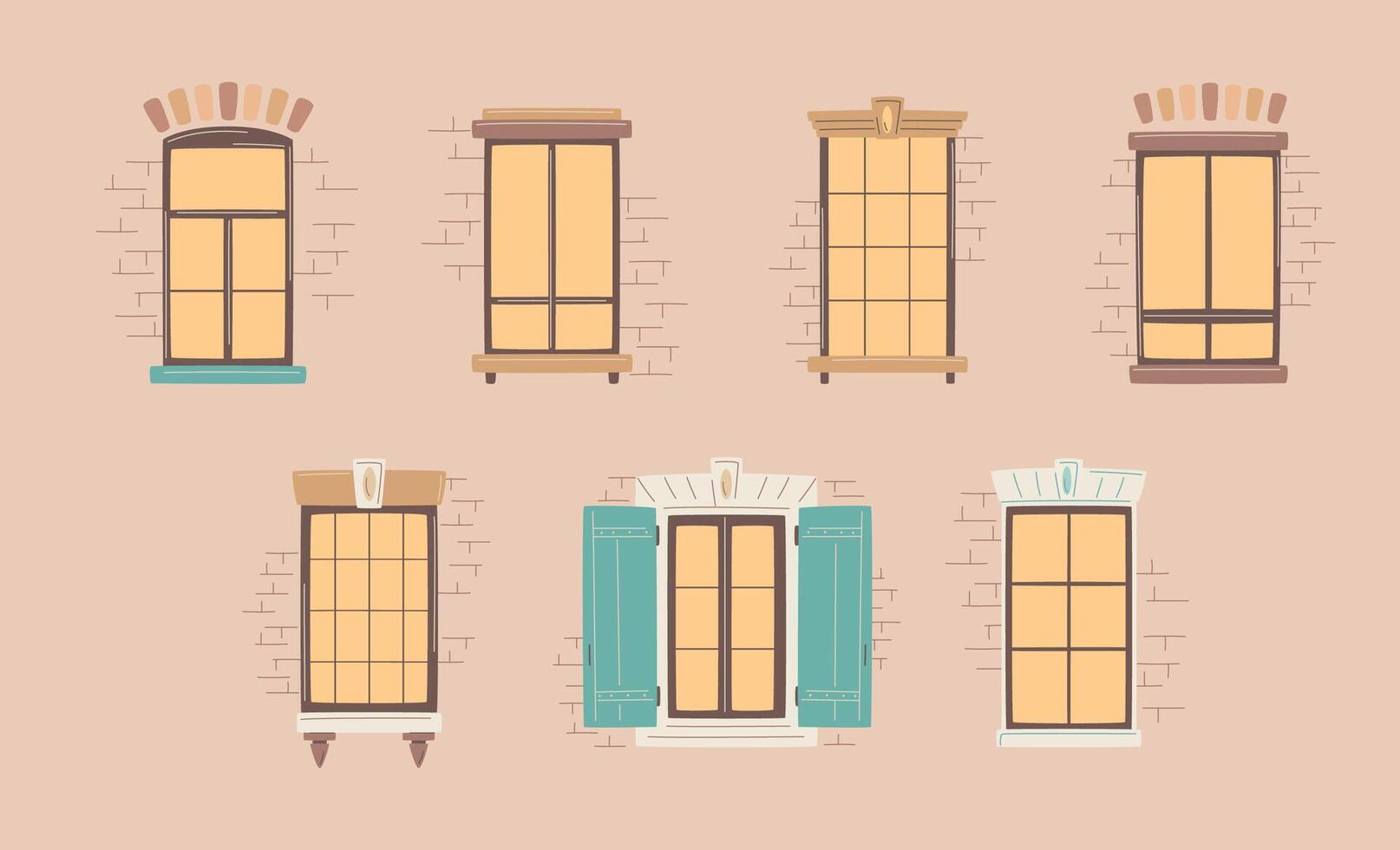 Set of modern and antique windows with part of wall with brickwork. Old town window frame. City architecture exterior, facade front view collection. Hand drawing illustration vector