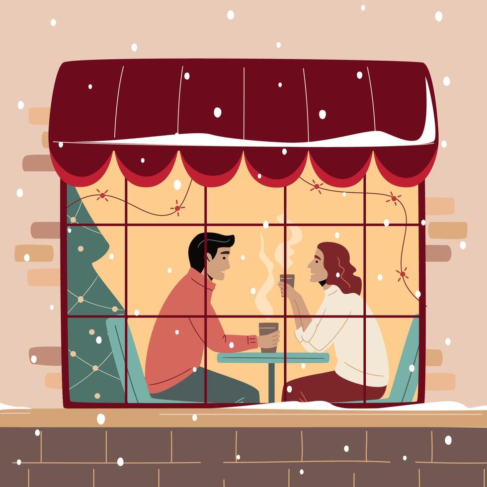 Christmas cafe window. Young couple drinking coffee and talking with each other, sitting in cafe near window decorated with lights. Snowfall, warm Christmas atmosphere. Cozy winter evening vector