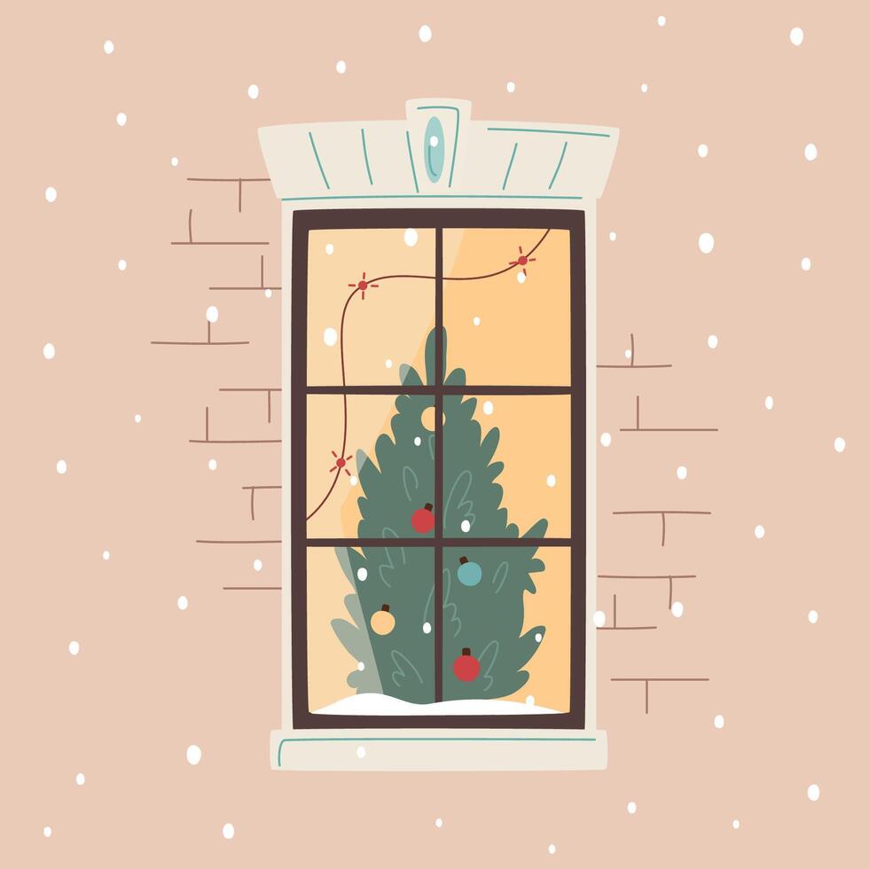 Christmas window with decorated x-mas tree and lights. Snowfall, warm Christmas or New Year atmosphere. Cozy winter evening vector