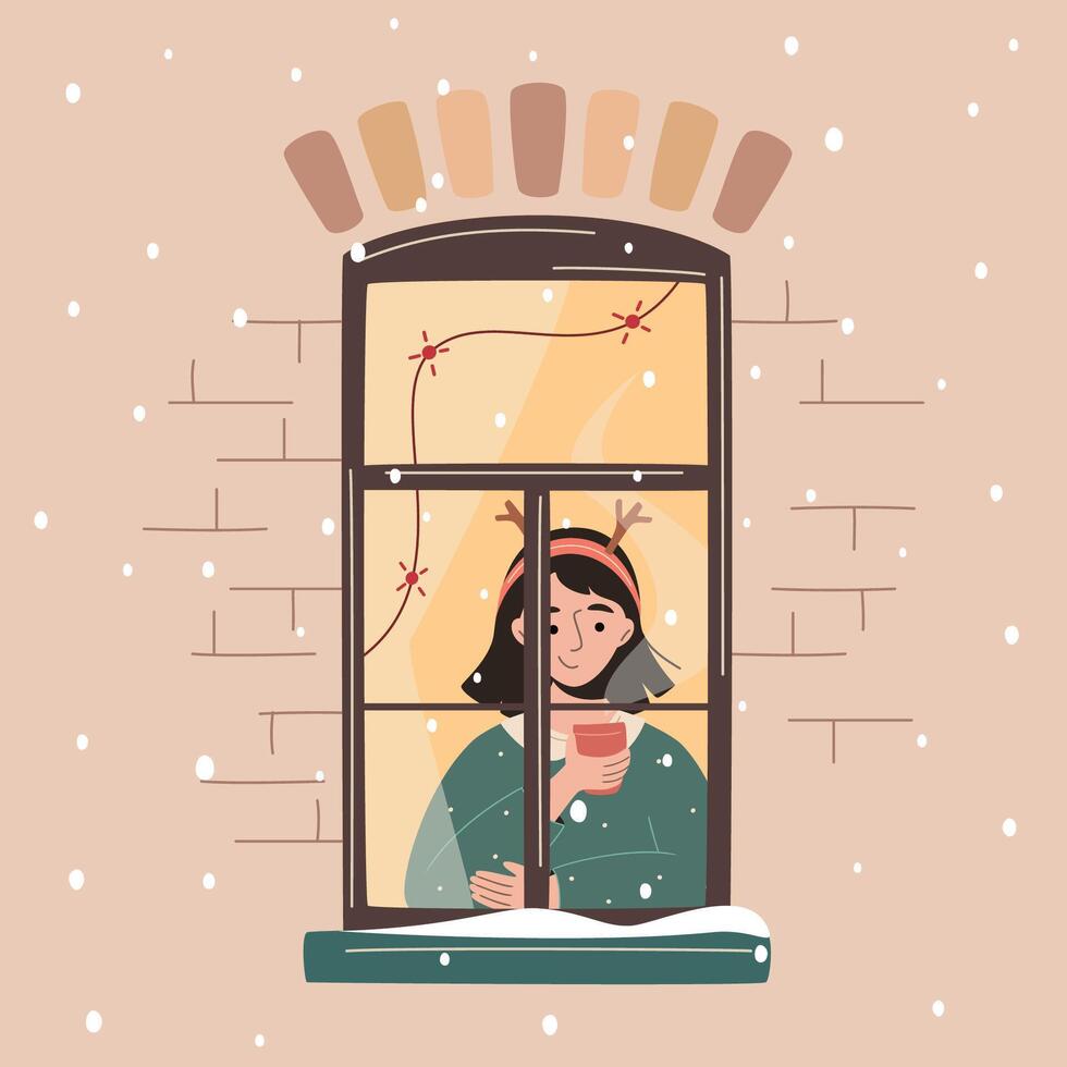 Christmas window, girl with cup of tea sits by a window decorated with lights, gazing outside. Snowfall, warm Christmas or New Year atmosphere. Cozy winter evening. illustration vector