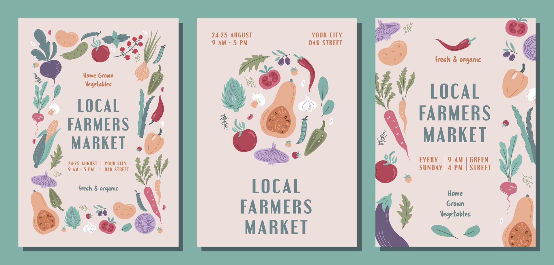 Local Farmers Market, Organic Farm, Harvest Festival concept. Set of modern banner or poster. Agricultural fair flat illustration. Announcement for seasonal fair. Hand drawn banner template vector