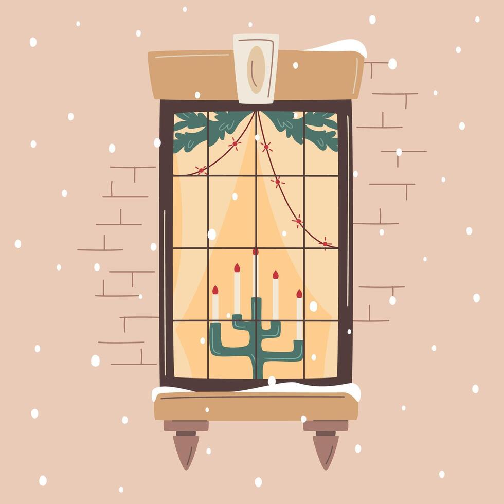 Christmas window decorated with lights and fir branches, with candlestick and lit candles. Snowfall, warm Christmas or New Year atmosphere. Cozy winter evening vector