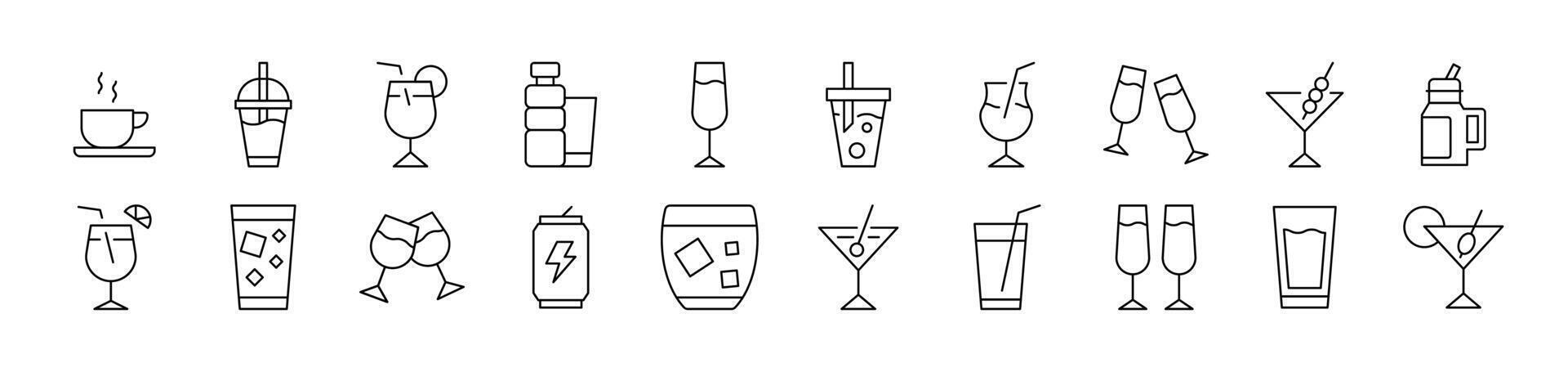 Collection of Icons of Alcoholic Drink, Energy Drink, Soft Drinks Drawn with Thin Line for apps, web sites, banners, infographics and other types of design vector