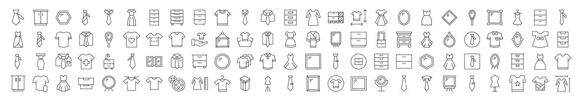 Closet, Wardrobe, Mirror, Dress, T Shirt Line Icon Pack. Editable Stroke. Minimalistic Linear Pictogram for Design of Cards, Apps, Banners, Posts vector
