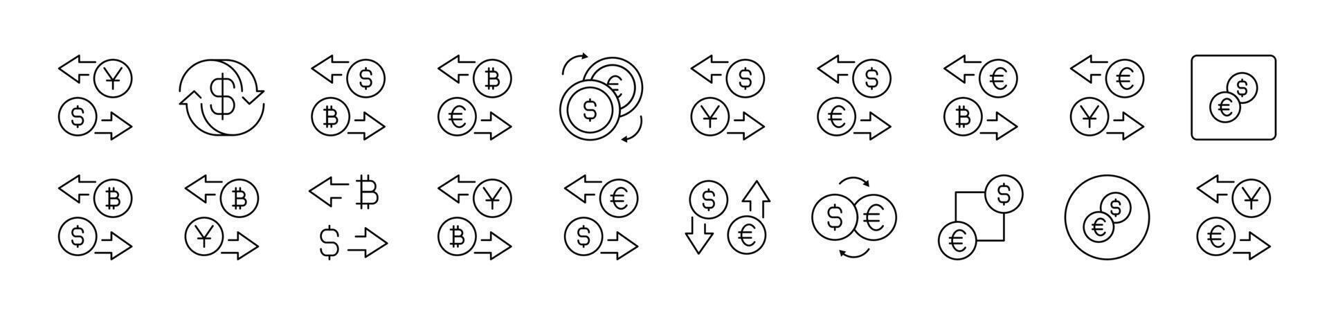Currency Exchange Outline Icon Collection. Editable Stroke. Perfect for Infographics, Articles, Books, Flyers, Banners vector