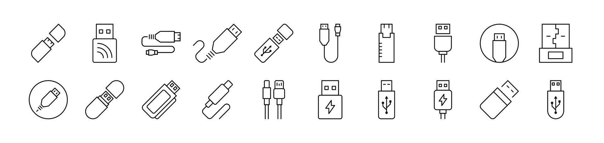 USB Cable Line Icon Collection. Editable Stroke. Minimalistic Linear Pictogram for Design of Cards, Apps, Banners, Posts vector