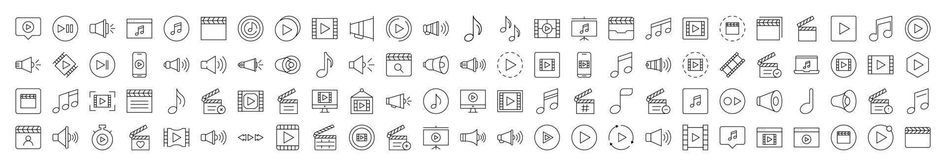 Clapperboard, Musical Note, Loud Speaker Media Player Thin Line Icon Set. Editable Stroke. Suitable for Banners, Cards, Social Networks, Apps vector