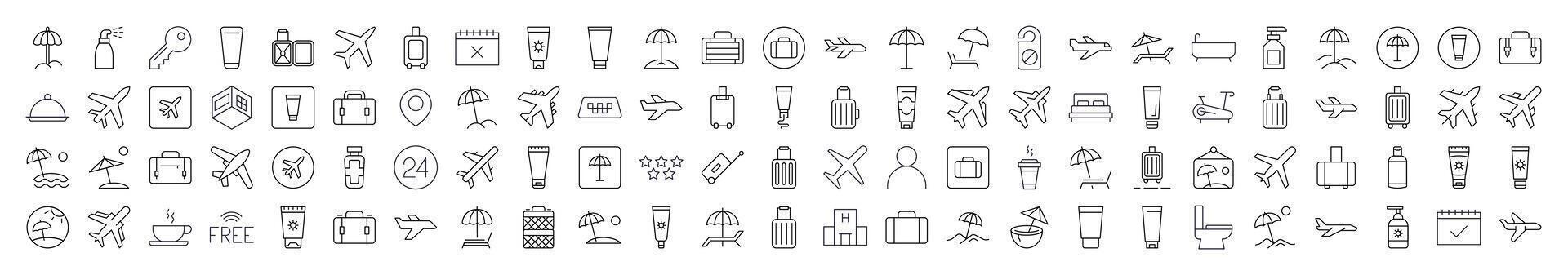 Travel Related Simple Symbol Set. Contains Icons of Sunscreen, Umbrella, Baggage, Fitness, Plane for Banners, Infographics, Books, Articles and Other Types of Design vector