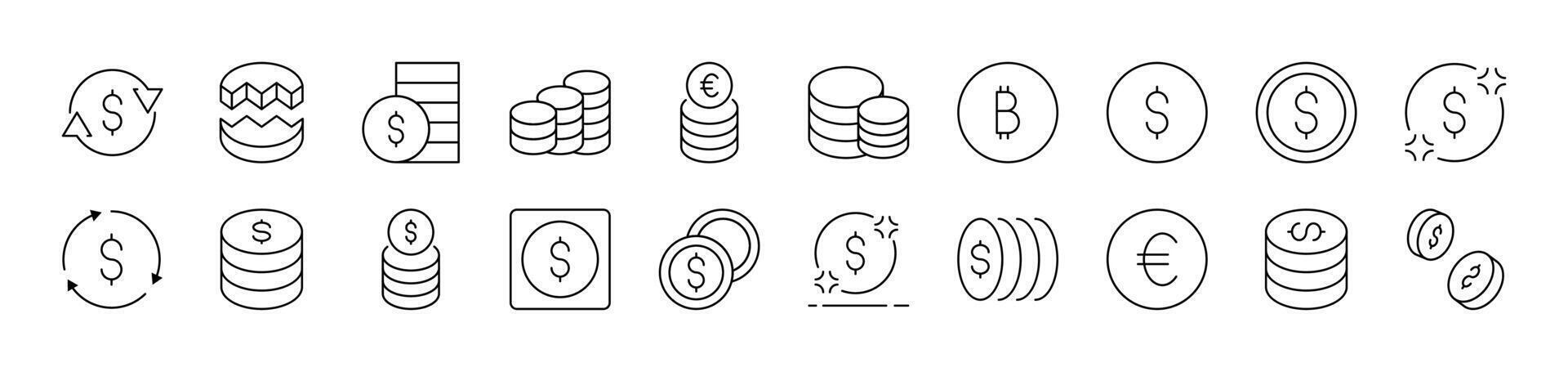 Various Coins Outline Icon Collection. Editable Stroke. Perfect for Infographics, Articles, Books, Flyers, Banners vector