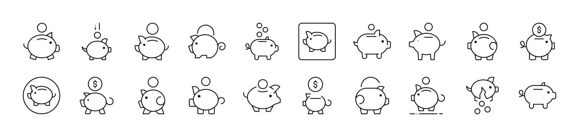 Piggy Bank Outline Sign Collection. Editable Stroke. Perfect for Infographics, Articles, Books, Flyers, Banners vector