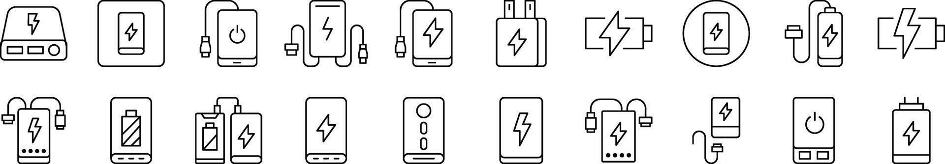 Bundle of Line Icons of Energy, Charger, Battery. Editable Stroke. Minimalistic Linear Pictogram for Design of Cards, Apps, Banners, Posts vector
