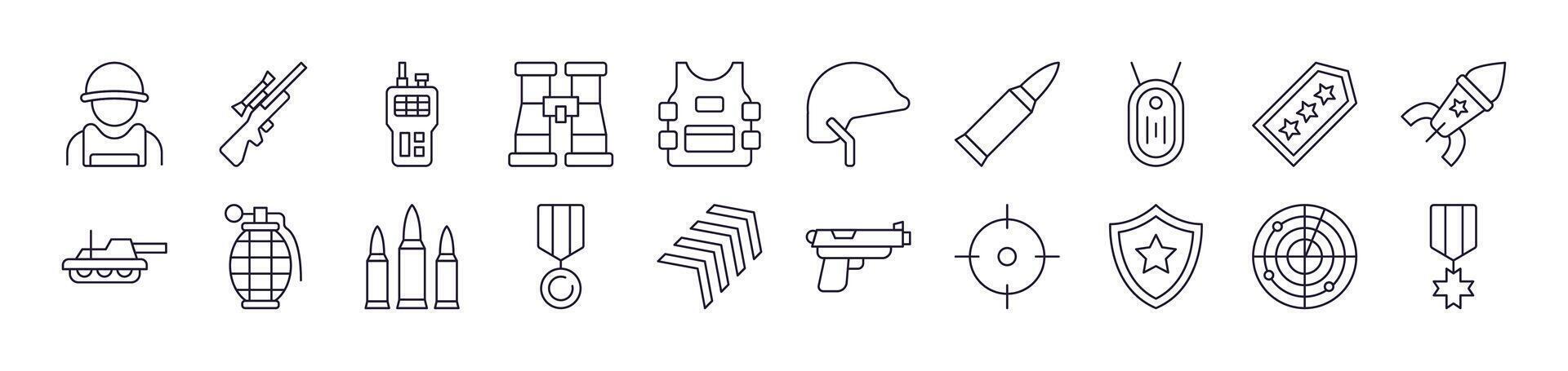 Army and Military Simple Icon Collection. Editable Stroke. Perfect for Infographics, Articles, Books, Flyers, Banners vector
