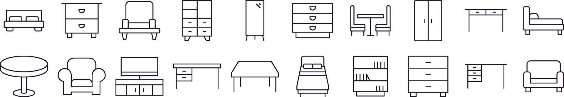 Table, Closet, Mirror, Chair and Table Line Icon Collection. Editable Stroke. Minimalistic Linear Pictogram for Design of Cards, Apps, Banners, Posts vector
