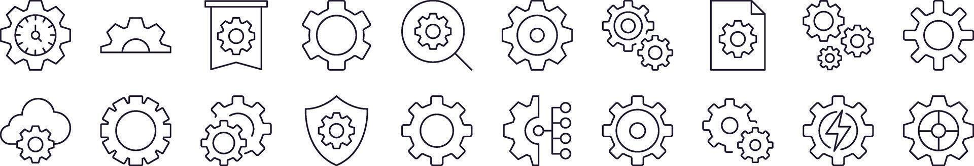 Gear Line Icon Pack. Editable Stroke. Minimalistic Linear Pictogram for Design of Cards, Apps, Banners, Posts vector