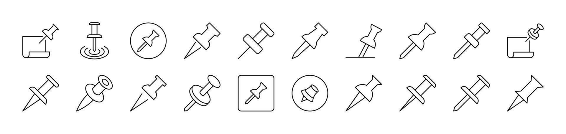 Push Pin for School and Office Set of Thin Icons. Editable Stroke. Suitable for Web Sites, Books, Cards, Apps vector