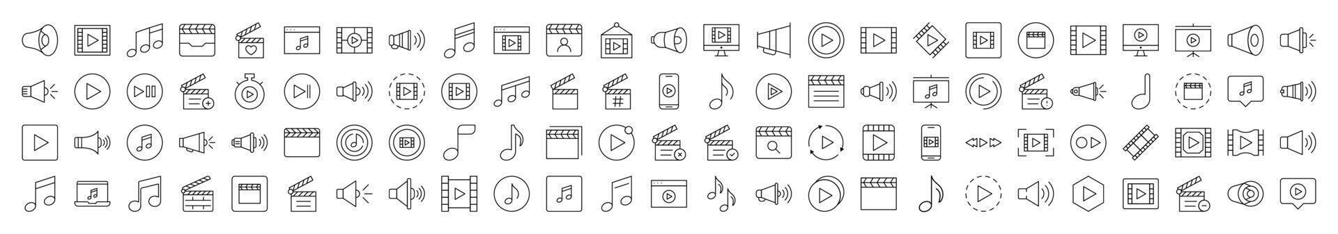 Clapperboard, Musical Note, Loud Speaker Media Player Outline Style Icons for Design, Cards, Apps, Social Networks vector