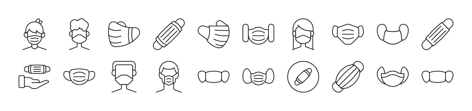 Collection of Line Icons of Medical Face Mask Drawn with Thin Line for apps, web sites, banners, infographics and other types of design vector