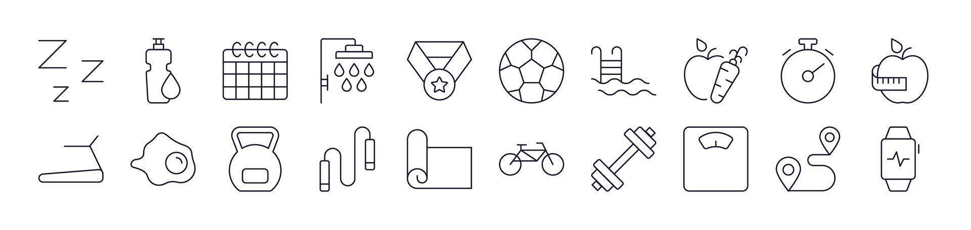 Collection of Outline Symbols of Healthy Lifestyle, Fitness, Wellness Drawn with Thin Line for apps, web sites, banners, infographics and other types of design vector
