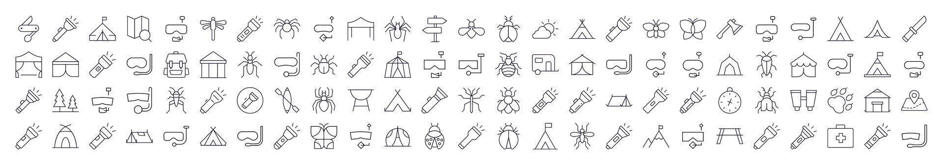 Camping Line Icon Collection. Modern Collection for Design, Web Sites, Apps, Cards. Contains Linear Images of Flashlight, Diving Mask, Tent, Axe, Insect vector