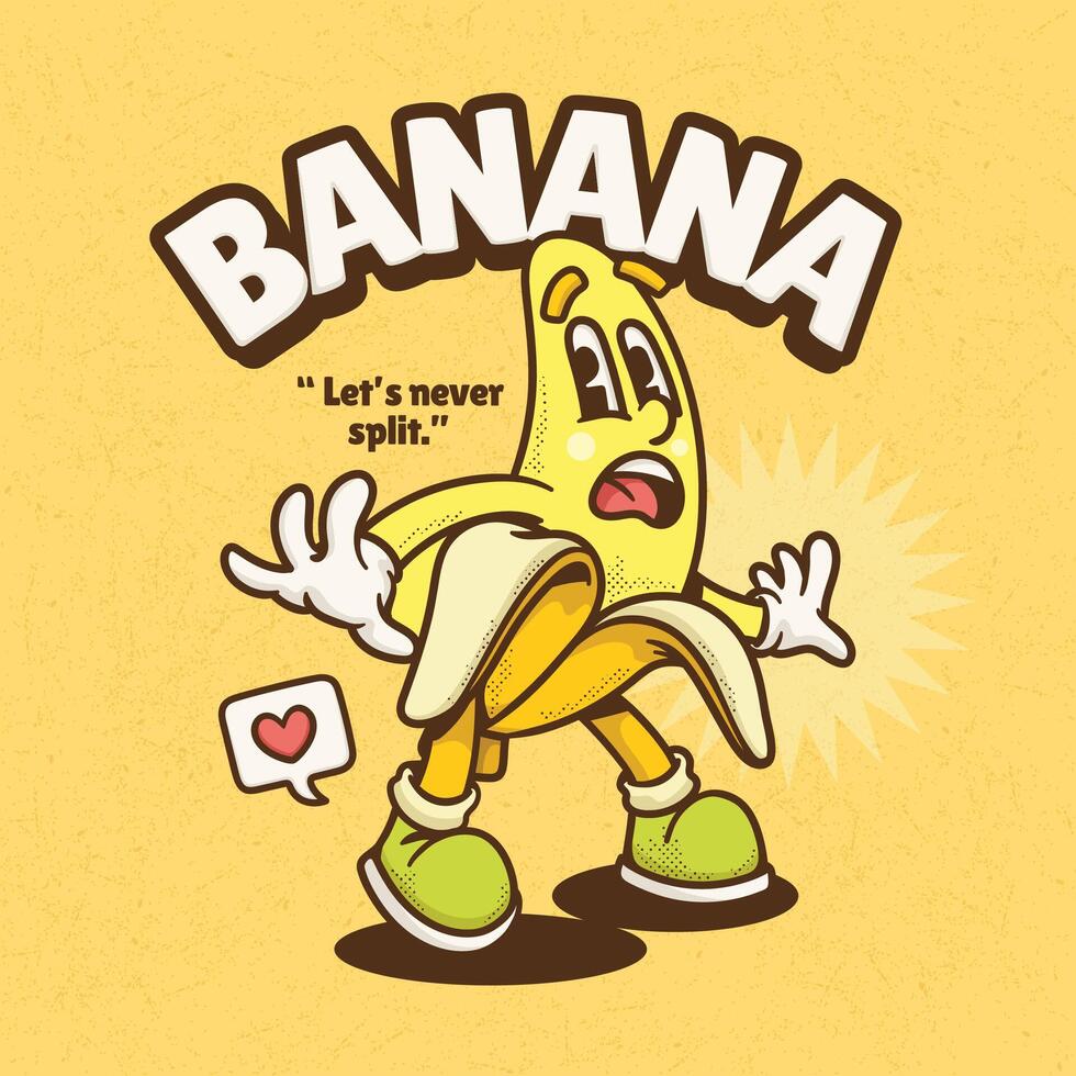 Funny cartoon banana character isolated on yellow background. vector