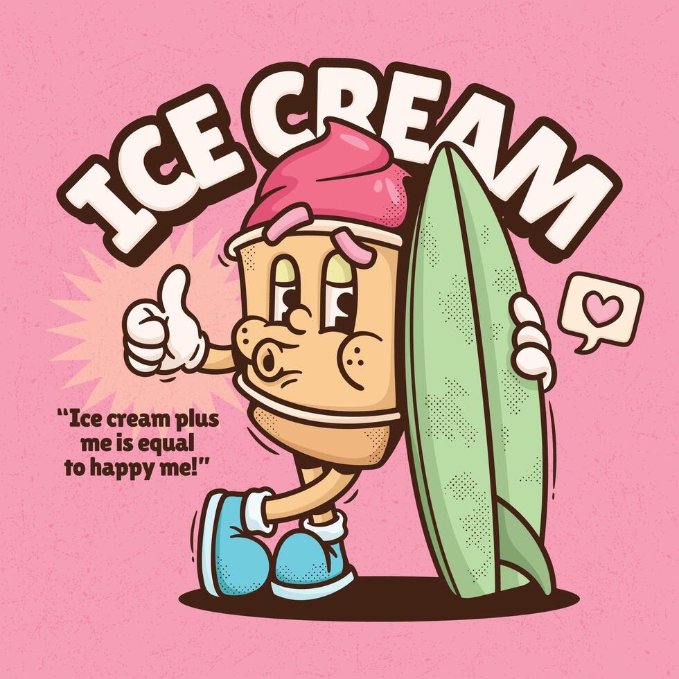 Cute ice cream cartoon character with surfboard enjoying the day vector