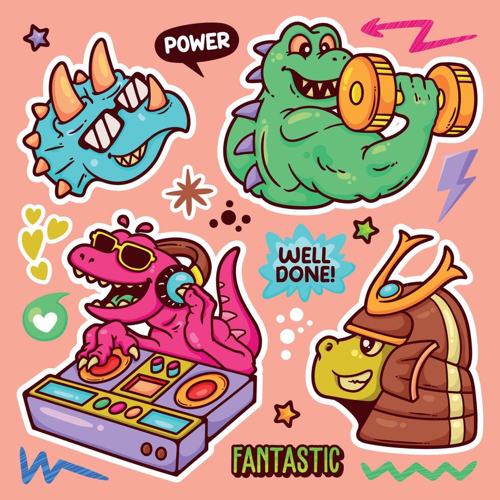 Bright and Funky Dinosaur Sticker Designs vector